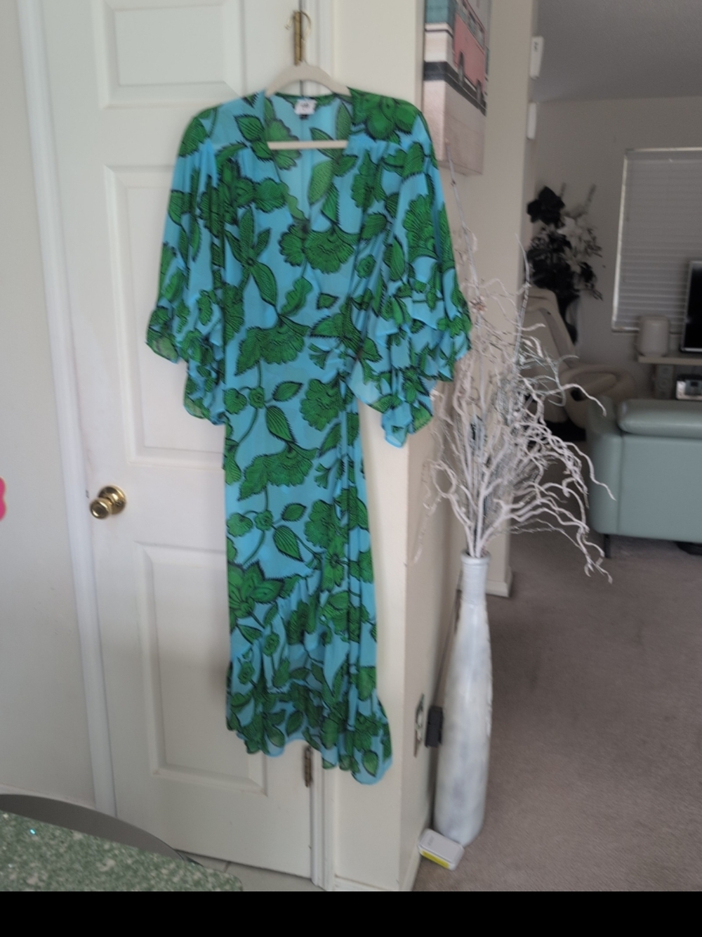 CAbi Blue and Green Floral Wrap Maxi Dress
